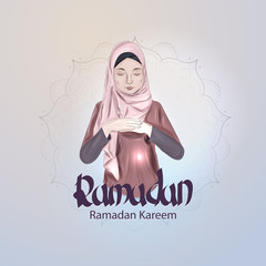 Islam girl prayer, appeal to God. Religion vector.