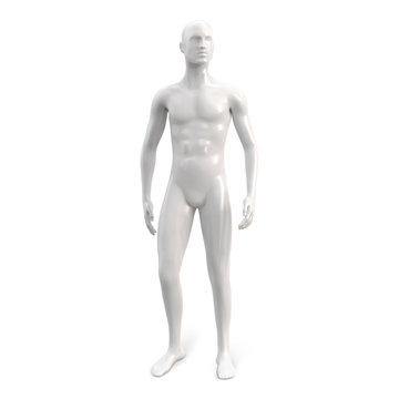 Male white plastic glossy standing mannequin for clothes. Full face. Decor showcases fashion store. Vector 3d realistic illustration isolated on white background.