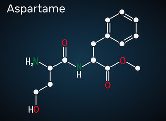Aspartame, APM, molecule. Sugar substitute and E951. Structural chemical formula on the dark blue background