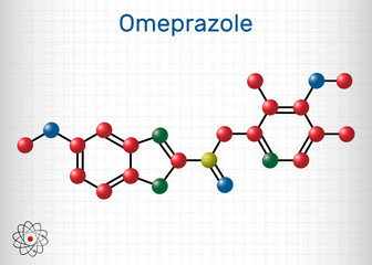 Omeprazole, C17H19N3O3S molecule. It is used to treat gastric acid-related disorders, peptic ulcer disease, gastroesophageal reflux disease GERD.  Sheet of paper in a cage
