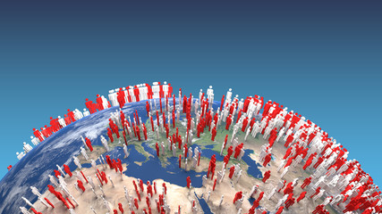 3d rendering of Planet Earth closeup with stylized red and white men over it(elements of this image by Nasa)