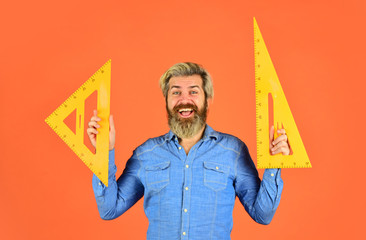 Professional choice. bearded tutor man with ruler. draw and measure. back to school. favorite...