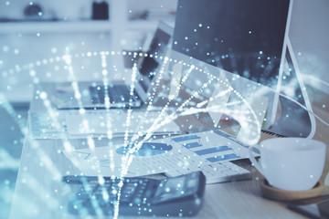 Desktop computer background and DNA drawing. Double exposure. Science concept.