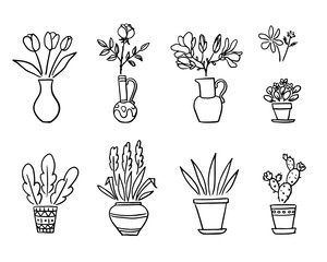 Ceramics and plants. Hand-drawn florals, flower pots, jugs, and vases. Black outlines, line art.