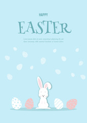 Easter blue card with paper bunny. Easter illustration in cartoon style, shadow, vector. Easter background. Easter bunny with eggs. Vector illustration