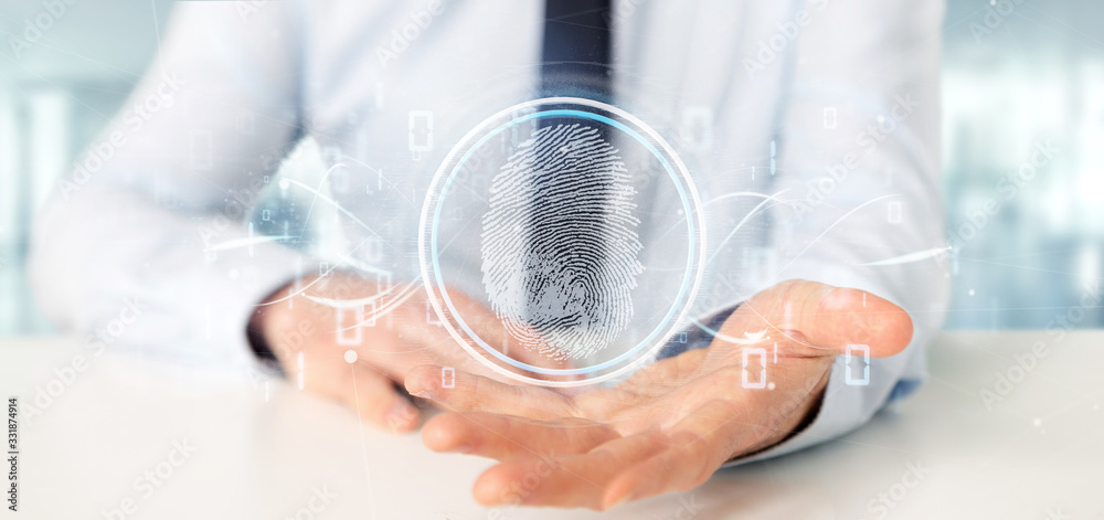 Poster businessman holding a digital fingerprint identification and binary code 3d rendering