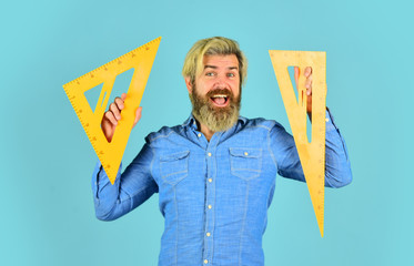 Science is my life. home learning concept. man teacher use triangle tool. bearded tutor man with...
