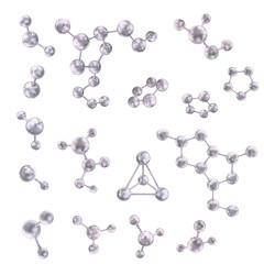 Set of abstract vector 3d molecules of silver color. Vector illustration isolated on a white background.