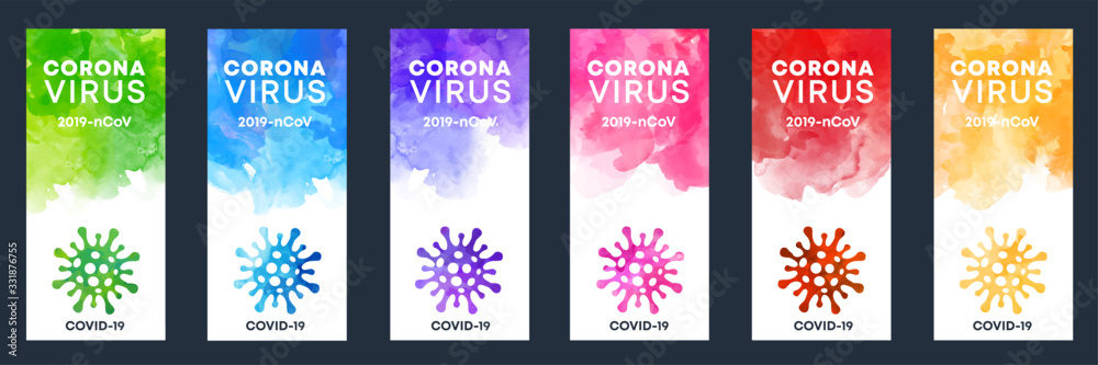 Wall mural set of coronavirus shape banner labels with watercolor background