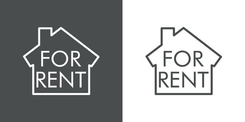 Icono plano lineal casa con texto FOR RENT en fondo gris y fondo blanco