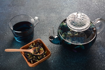 Healthy Blue Butterfly Pea Tea from flowers Clitoria ternatea plant or Asian pegion wings . Detox, antioxidant, anti-stress, anti- ageing beverage popular in Thailand, Vietnam, Bali, Malaysia