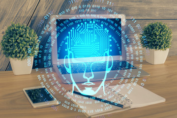 Multi exposure of work table with computer and brain hologram. Brainstorm concept.