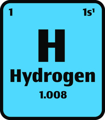 Hydrogen (H) button on blue background on the periodic table of elements with atomic number or a chemistry science concept or experiment.