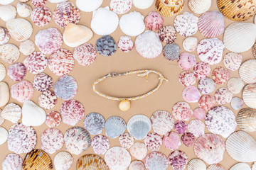Shell bracelet surrounded by colorful shells, overhead shot