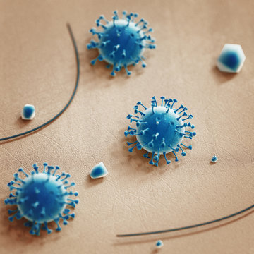 Coronavirus. Close up on a sick man hand through magnifying glass transmitting virus by skin contact. 3D rendering