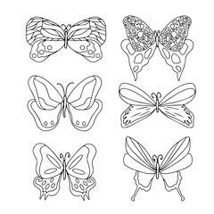 Butterfly set vector insect outline for paper print design, fabric isolated object on white background