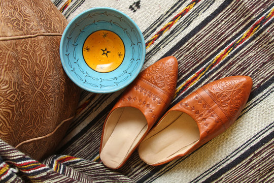 Babouches. Traditional moroccan shoes, ethnic ceramic