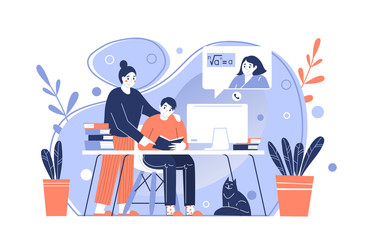 The parent teaches the child at home. Remote online distance education. Home schooling . Isolation at home during the Coronavirus epidemic. Stay at home.