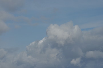 Puffy clouds against a blue sky. Beautiful, sunny weather.