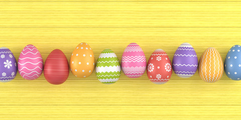 Set of multi-colored Easter eggs on a wooden board. 3d render illustration.
