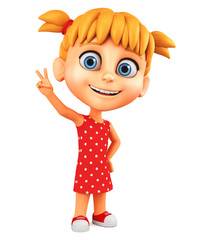 Cartoon character little girl showing the peace of the world on a white background. 3d rendering.