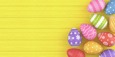 Multi-colored Easter eggs on a yellow board. 3d render illustration.