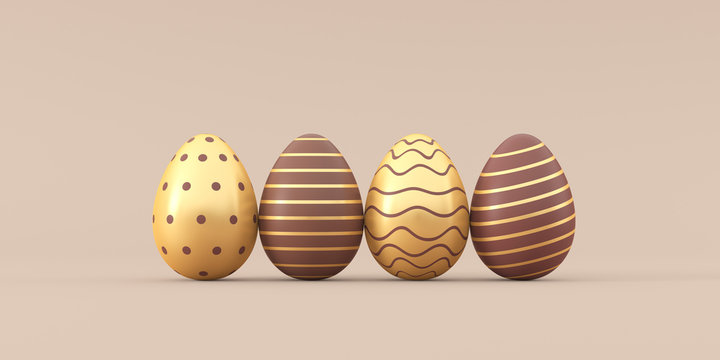 3d render illustration. Set of chocolate easter eggs with golden patterns on a beige background.