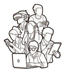 Group of People using digital devices cartoon graphic vector