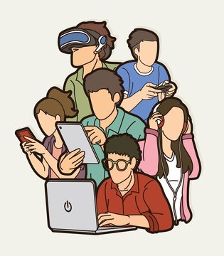 Group of People using digital devices cartoon graphic vector