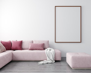 mock up poster frame in modern living room interior, 3D render