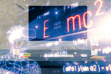 Desktop computer background and formula hologram writing. Double exposure. Education concept.
