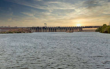 Fototapeta na wymiar Dnieper River and hydroelectric power plant dam in Zaporizhia, Ukraine.