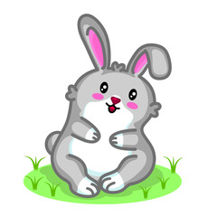 Cute grey rabbit. Kawaii cartoon character. Fluffy funny animal. Happy Easter sign symbol. Spring baby greeting card template. Print on baby products, cards, handmade. Vector illustration.