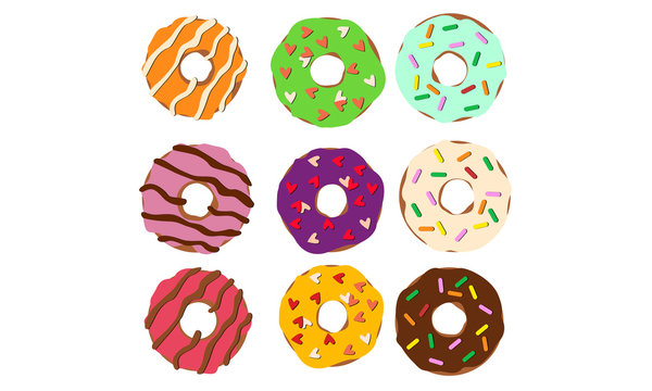 Vector donuts with different tastes. This image can be used to design culinary magazines, news, desserts. Flat Vector Illustration.