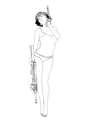 warrior woman character, 3D illustration, sketch, outline