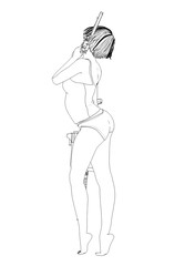 warrior woman character, 3D illustration, sketch, outline