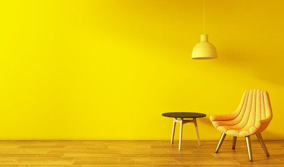 Modern interior design. Wall Mockup Interior with an armchair and a little table on a background...