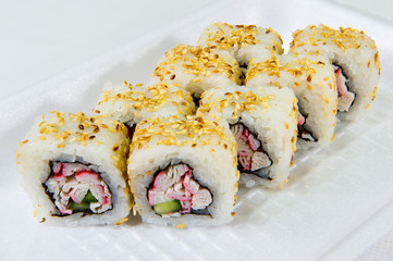 Japanese rice rolls with crab sticks and fresh cucumbers