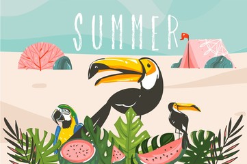 Naklejka premium Hand drawn vector stock abstract graphic illustration with a tropical birds and leaves,camp tent in ocean beach landscape and Summer typography isolated on blue background