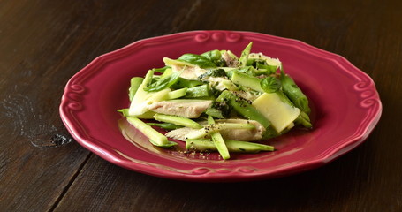 Chicken salad with zucchini, green beans and basil pesto