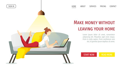Web page template with young woman working at home on the sofa. Freelance, work at home, online job and home office concept. Vector illustration for poster, banner, website, flyer, advertisement.
