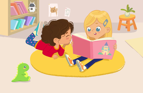illustration of two girls reading the book in a book corner in the kindergarten