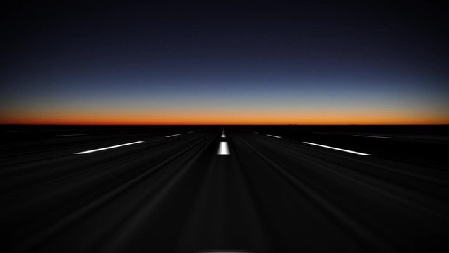 Road Trip On Highway Sunset Background Seamless Loop/ 4k animation of a highway road trip with sunset horizon seamless looping