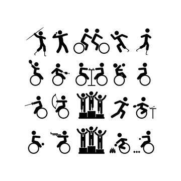 Para-athlete icon set in black or people with disabilities on isolated white background. sport competitions. EPS 10 vector.