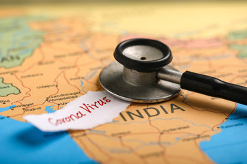 corona virus concept , Indian map marked with syringe