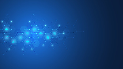 Obraz premium Technology background with flat icons and symbols. Concept and idea for internet of things, communication, network, innovation technology, system integration.