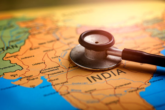 corona virus concept , Indian map marked with syringe
