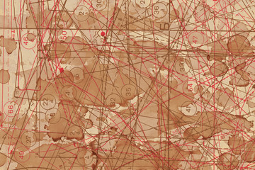 Vintage and old looking fabric blueprint background. Tea and coffee splashes on retro texture. Grunge paper with drawing. Dirty fashion scheme.