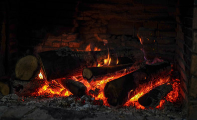 Burning Wood In The Fireplace 