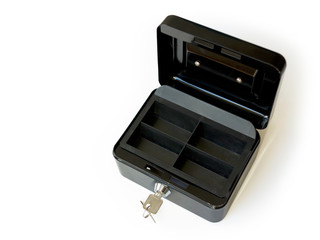 schwarze leere abschließbare geldkassette oder kasse isoliert auf weißem hintergrund als symbol...